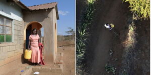 Photo collage of Ann, a 32-year-old Kenyan mother, preparing to leave and walking to fetch water