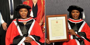 A collage image of Anne Wafula showcasing her honorary degree from the University of Essex in the UK on July 21, 2022.