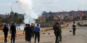 Anti-riot officers pictured along Thika Superhighway, Githurai area during a mass protest on September 9, 2014.