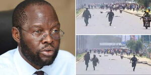 A photo collage of Kisumu Governor Anyang' Nyong'o (left) and protestors pursuing police in Kisumu on Monday, March 20, 2023.