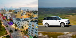 Photo collage between an apartment block and a Range Rover Sport 