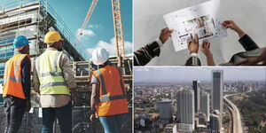 A collage photo of construction workers at a site (left) people holding a house plan (top right) and an aerial view of a section of highrise buildings in Westlands, Nairobi (bottom right).