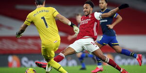 Arsenal striker Pierre-Emerick Aubameyang attempts a soft finish against Southampton's goalkeeper during a previous match. 