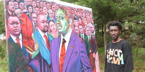 Artist Desmand Mwendi alongside a painting of William Ruto being sworn in done in 2021