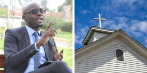 Atheists Association President Harrison Mumia and an image of a church.