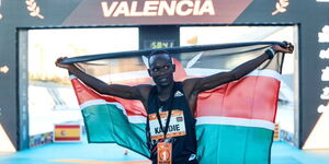 Athlete Kibiwott Kandie after winning the half marathon in Valencia, Spain, on Sunday, December 6, 2020.