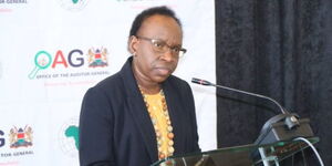 Auditor General Nancy Gathungu speaking at a conference on Monday, April 24, 2023. 