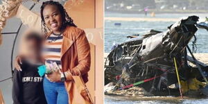 A collage photo of Winnie de Silva and her son (left) and the wreckage of a chopper crash they were involved in on January 2, 2022.