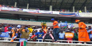 Supporters throng Kasarani Stadium to attend former Prime Minister Raila Odinga's Azimio la Umoja rally on Friday, December 10, 2021