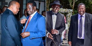 Azimio party members President Uhuru Kenyatta and Raila Odinga (left) and their Kenya Kwanza counterpart Deputy President William Ruto and ANC leader Musalia Mudavadi.