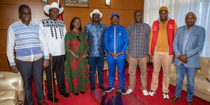Azimio Leader Raila Odinga (fourth from left) posing for a photo with (from left) Opiyo Wandayi, Eugene Wamalwa, Martha Karua, Kalonzo Musyoka, Wycliffe Oparanya, Jeremiah Kioni and Makau Mutua. 