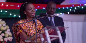Azimio One Kenya running mate Martha Karua addresses the gathering as DP William Ruto watches  at the National Prayer breakfast on Thursday,May 26, 2022