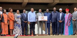Azimio la Umoja One Kenya Coalition party council members addressing the media led by President Uhuru Kenyatta and former Prime Minister Raila Odinga at KICC on April 21, 2022.