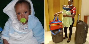 Baby Muiruri (left) and with his mother after returning from India (right).