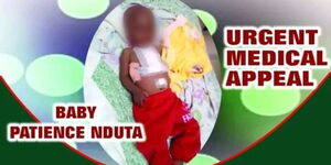 A poster appealing for help after Baby Patience Nduta underwent surgery in India.