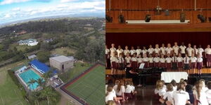 Photo collage of the aeriel view of Banda school and student during a presentation in the institution