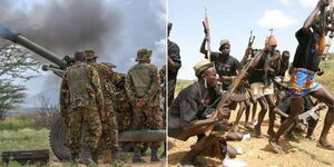 A photo collage of KDF officers during a training exercise (left) and suspected armed bandits (left).