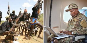 A photo collage of suspected bandits celebrating in Baringo (left) and Interior CS Kithure Kindiki (right). 