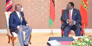 Baringo Senator Gideon Moi (Left) speaking to Malawi President Dr Lazarus Chakwera on July 6, 2020.