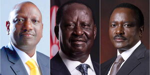 File image of Deputy President William Ruto, Orange Democratic Movement (ODM) leader Raila Odinga and Wiper leader Kalonzo Musyoka.