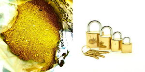 A photo collage of crushed gold and golden padlocks.