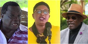 A photo collage of Central Organization of Trade Unions (COTU) boss Francis Atwoli, Malindi MP Aisha Jumwa and United Democratic Alliance Chairman Johnstone Muthama.