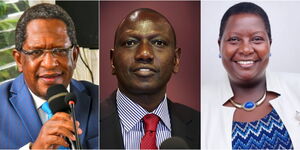 A photo collage of Environment CS Keriako Tobiko, Deputy President William Ruto and Kajiado East MP Peris Tobiko.