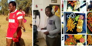 A collage image showing Benedict Sakali in rugby outfit, recording a song in a studio and a plate of food that he has prepared.