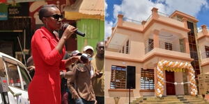 Betty Maina, a board member at Athi Water Works Development Agency (left) and the house she built for her parents during the launch on November 15.