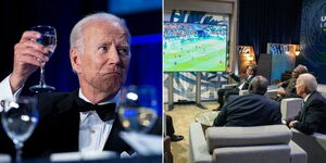 A collage image of US President Joe Biden holding a wine glass (left) and Biden watching a World Cup match alongside other African Presidents (right).