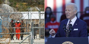 Photo collage of a prisoner being released from a military detention center in US and President Joe Biden