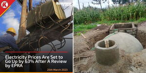 A photo collage of a Kenyans.co.ke poster illustrating the increment of the electricity prices (left) and a biogas digester under construction (right).