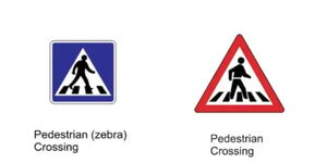 Photo collage of a blue zebra crossing sign and another one with a red boundary showing pedestrians crossing ahead