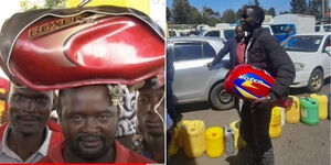 Boda boda rider Caleb Sindenyi carries his tank (left) and another operator queued for fuel.