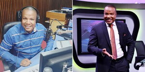 A photo collage of Bonnie Musambi at KBC Radio Taifa studios (left) and at the station's TV studios on separate dates (right).