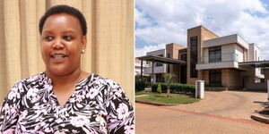 A photo collage of Labour Cabinet Secretary Florence Bore speaking at an event on June 21, 2023 (left) a house belonging to Amara Bridge in Karen (right).  