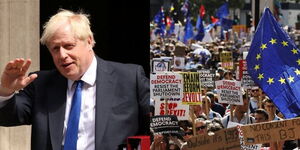 Photo collage between UK Prime Minister Boris Johnson at protesters