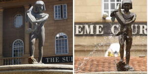 Photo collage of a statue of naked boy hoilding fish while peeing at the Supreme Court of Kenya