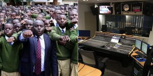 Photo collage between Alliance High School Students in parade and Inside a public radio station in the US