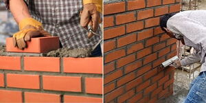 A photo collage of a builder constructing walls using the running bond pattern.