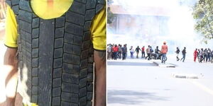 A photo collage of a protestor wearing improvised bulletproof vest (left) and Azimio protestors engaging police officers out Supreme Court Building, Nairobi on Monday, March 20, 2023.