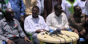 From left; Bungoma Governor Wycliffe Wangamati, Senator Moses Wetangula, Amani National Congress leader Musalia Mudavadi and Alfred Agoi in Bungoma in 2018