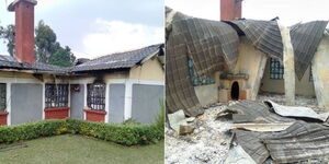A collage image of Former Kitui County Police Commander, Benson Wasike's house taken after a fire incident on February 18, 2022.