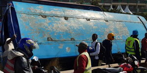 A Kenya Mpya bus in a ditch at Kastemil area, along Thika Road in 2019.