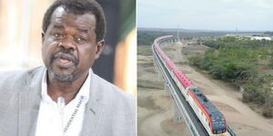 Busia Senator Okiya Omtatah (left) and an SGR train in transit.