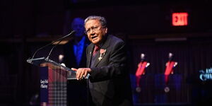 Business tycoon Manu Chandaria making his speech at the ceremony of the Carnegie Medal of Philanthropy in August 2022.