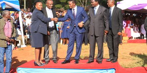 From left: CAS Wavinya Ndeti, Senator Mutula Kilonzo Jr, Governor Alfred Mutua, Wiper Leader Kalonzo Musyokas and Dan Maanzo during the burial of Mzee Mulwa Kang'aatu in Kalama, Machakos County on February 18, 2020.