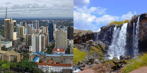 Photo collage between Nairobi CBD and a waterfall in Baringo County