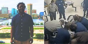 A photo collage of 28-Year-old Irvo Otieno(Left) and  Central Virginia police officers holding Irvo down(RIght)