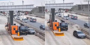A collage image of a vehicle speeding past the Syokimau toll station along the Nairobi Expressway on September 14, 2022.